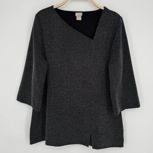 Chicos Asymmetrical Neck Top Size Large‎ Black White Herringbone Pullover Casual